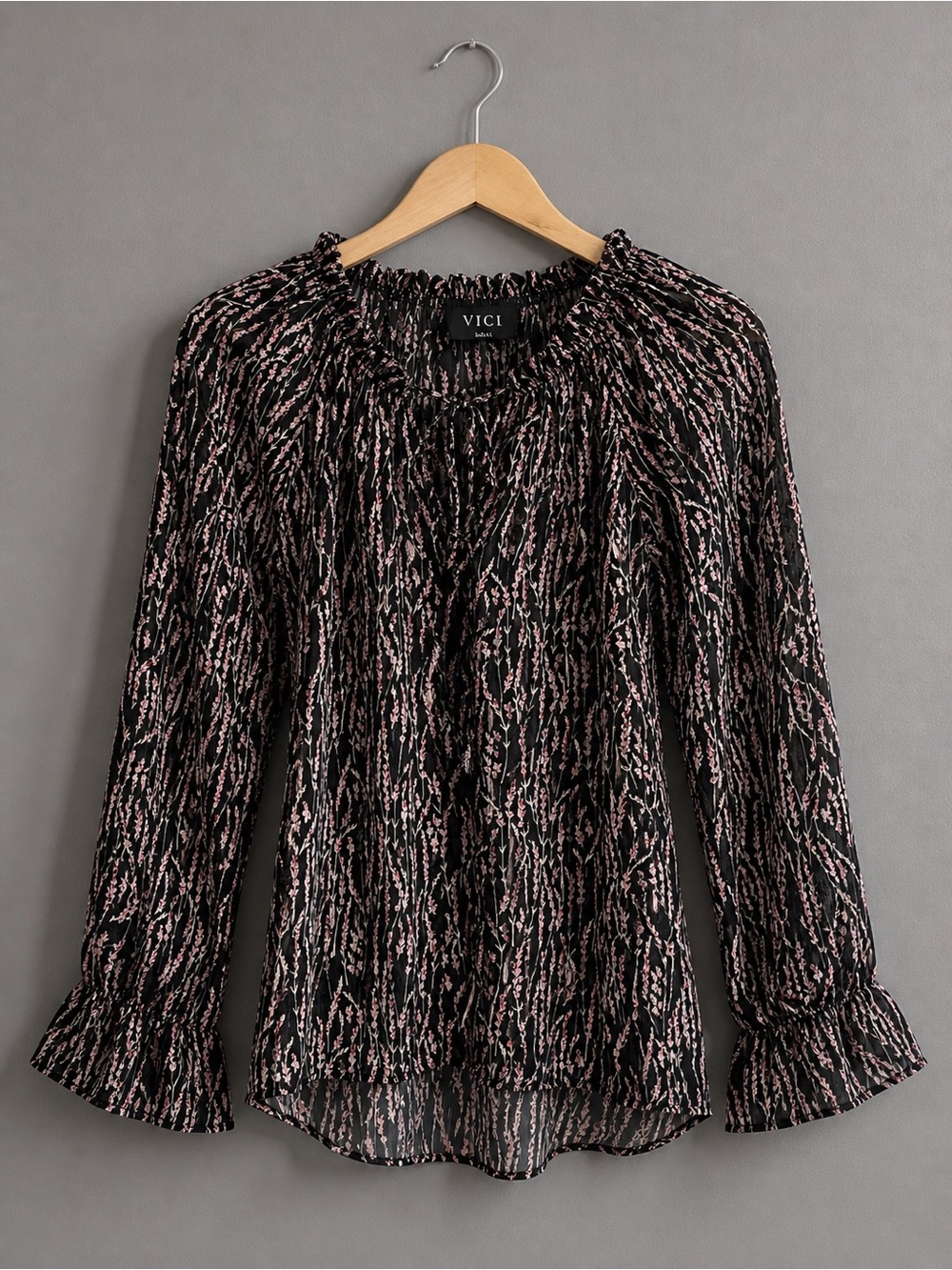 VICI Black Floral Sheer Boho Blouse Ruffle Sleeve Tie Neck Top